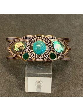Barse Bronze metal Genuine Turquoise Abalone and green onyx bangle bracelet